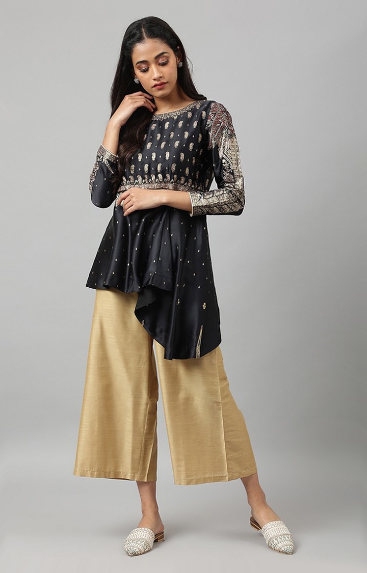 W Black Satin Embellished Top with Skirt and Dupatta