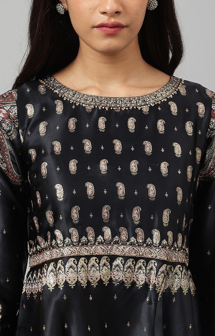 W Black Satin Embellished Top with Skirt and Dupatta