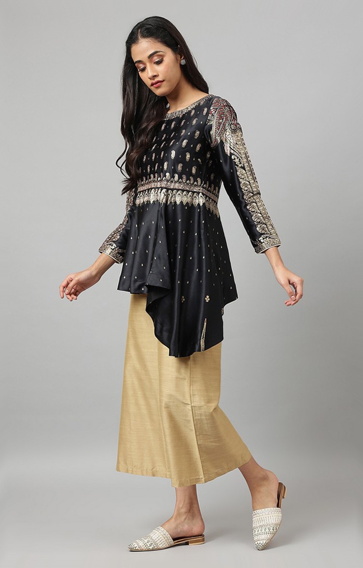 W Black Satin Embellished Top with Skirt and Dupatta