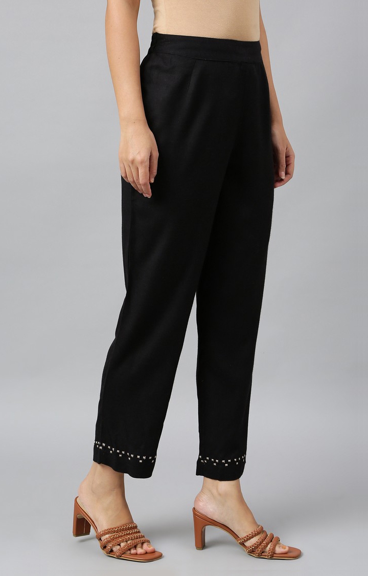 W | Women's Black Rayon Solid Trousers 3
