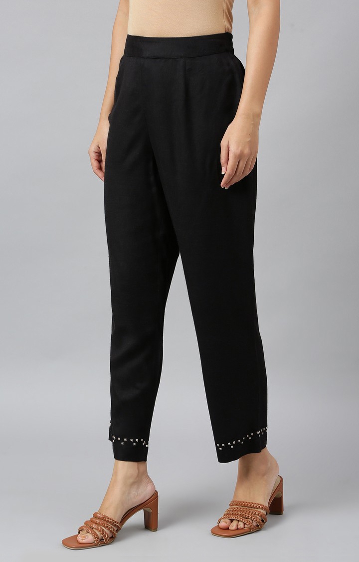 W | Women's Black Rayon Solid Trousers 2