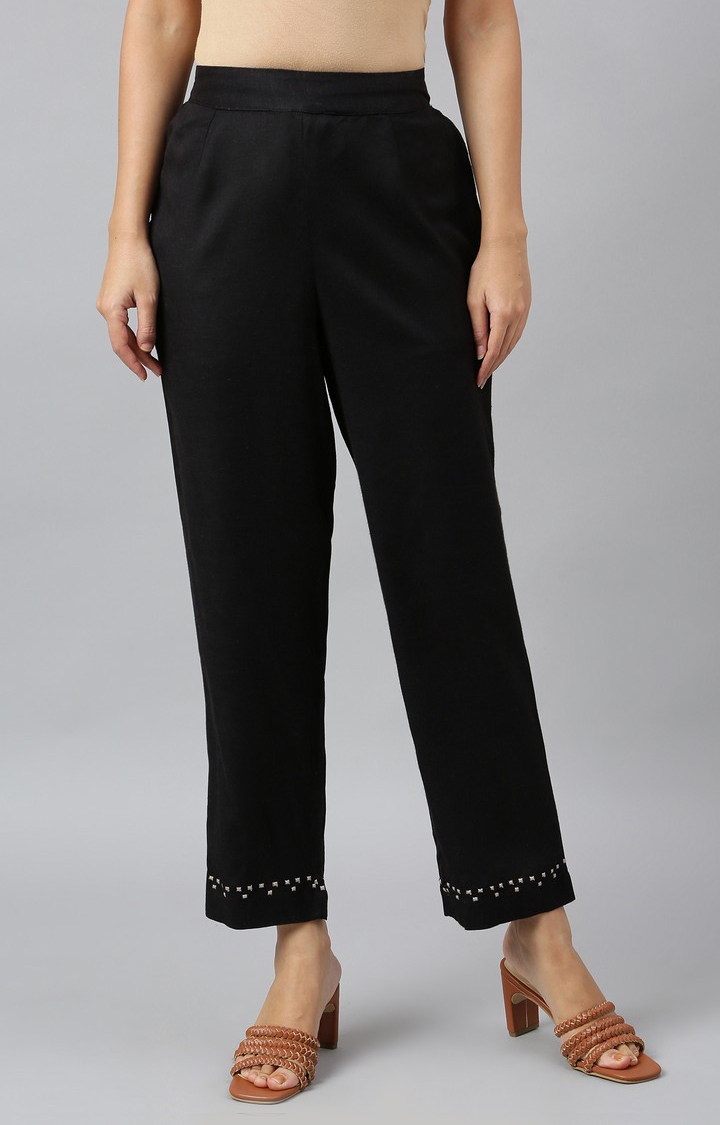 W | Women's Black Rayon Solid Trousers 0
