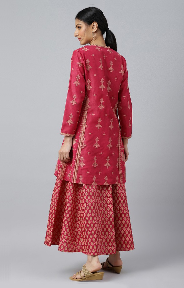 W Dark Pink Glitter With Short Jacket Ethnic Gown