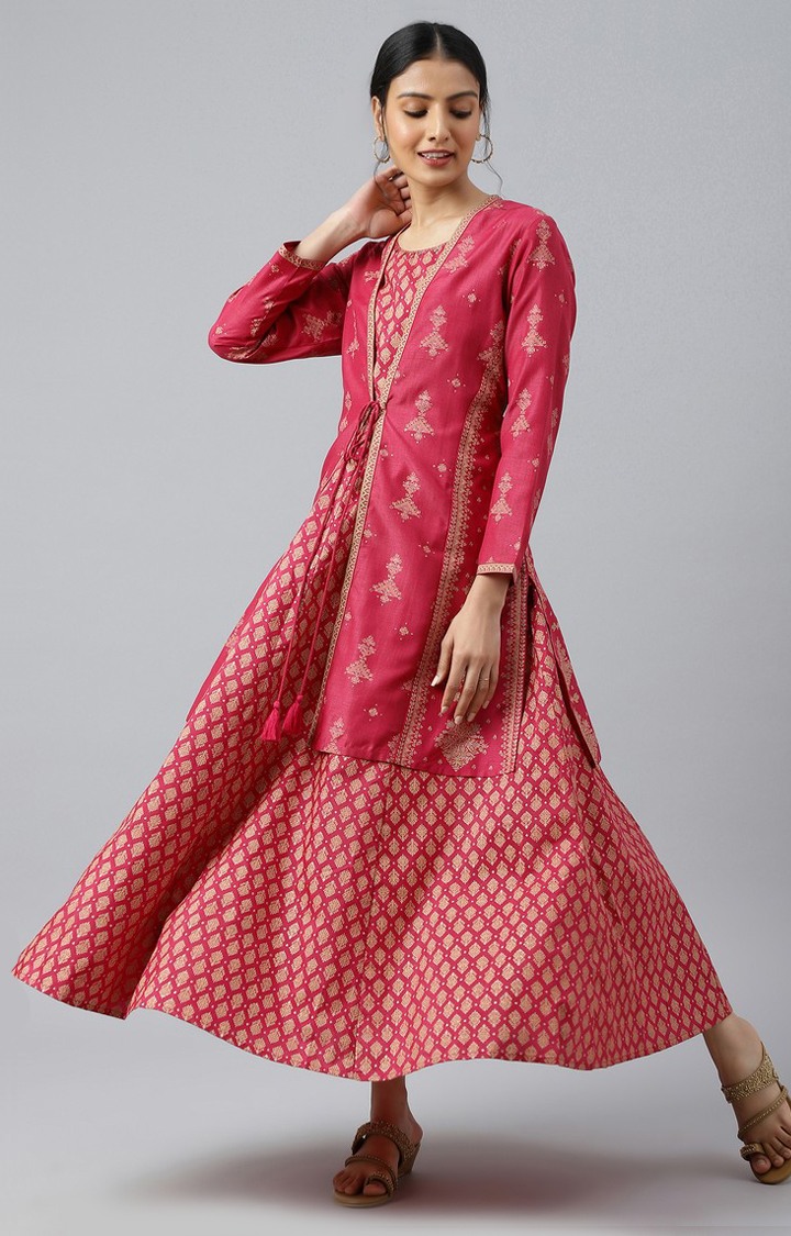 W Dark Pink Glitter With Short Jacket Ethnic Gown