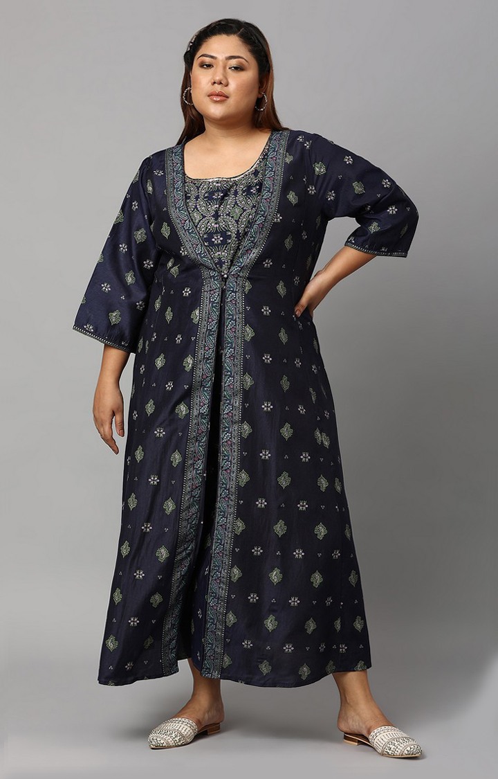 W Navy Bue Mock Layered Kimono Plus Size Jumpsuit