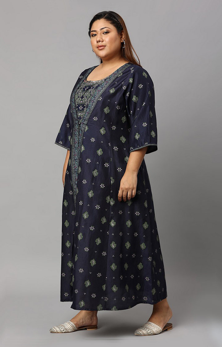 W Navy Bue Mock Layered Kimono Plus Size Jumpsuit