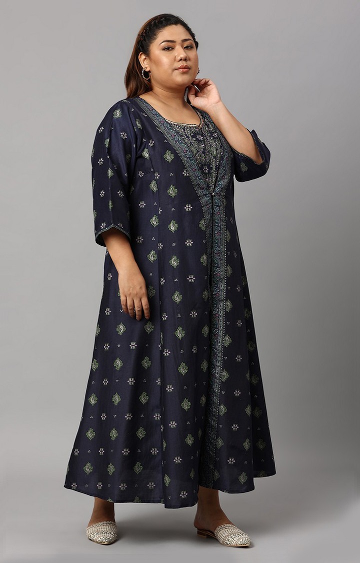 W Navy Bue Mock Layered Kimono Plus Size Jumpsuit