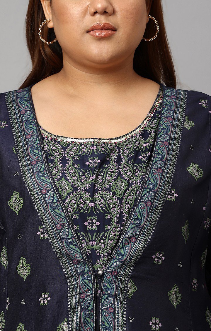 W Navy Bue Mock Layered Kimono Plus Size Jumpsuit