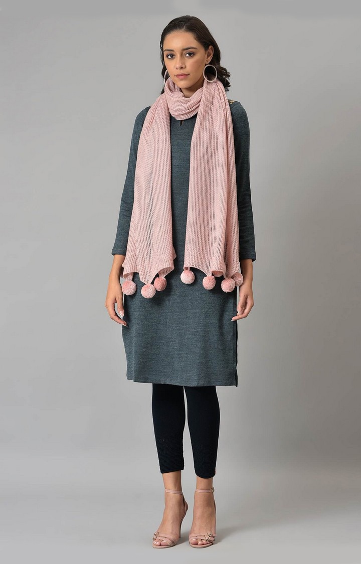 W Pink Knitted Pom Pom Shawl