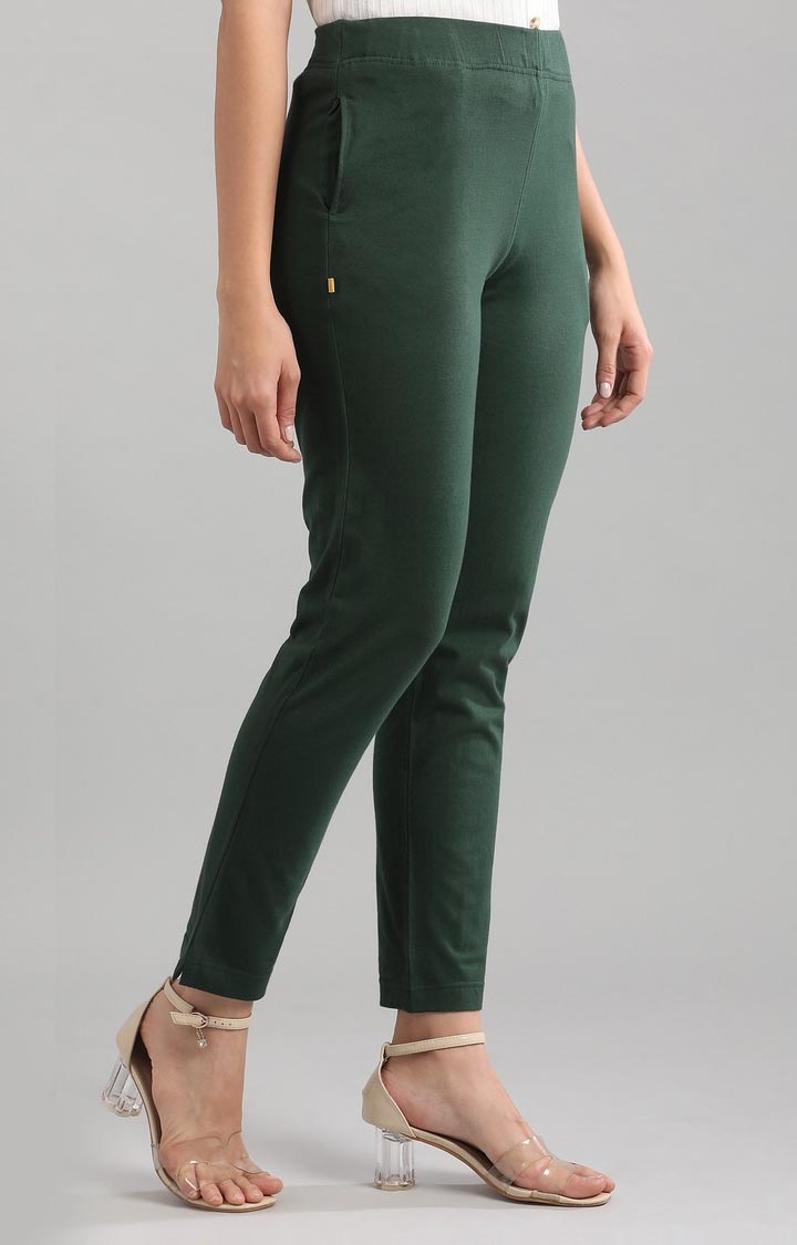 Aurelia | Women's Green Cotton Blend Solid Casual Pants 3