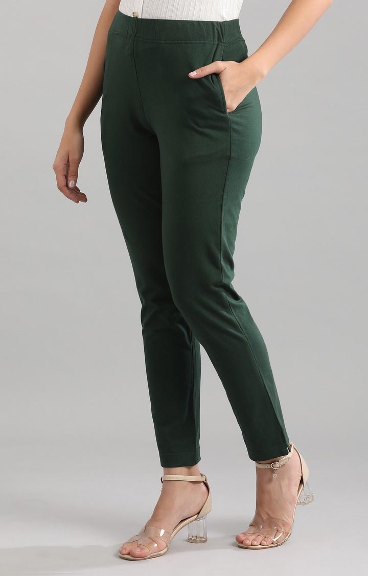 Aurelia | Women's Green Cotton Blend Solid Casual Pants 2
