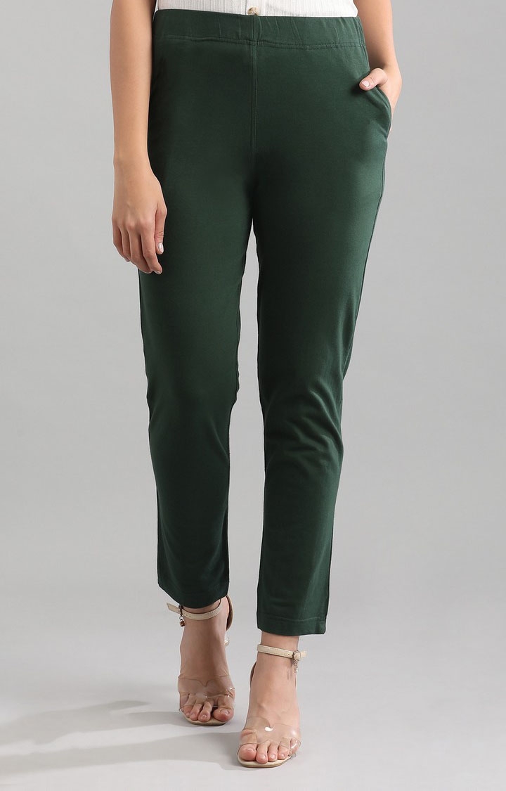 Aurelia | Women's Green Cotton Blend Solid Casual Pants 0