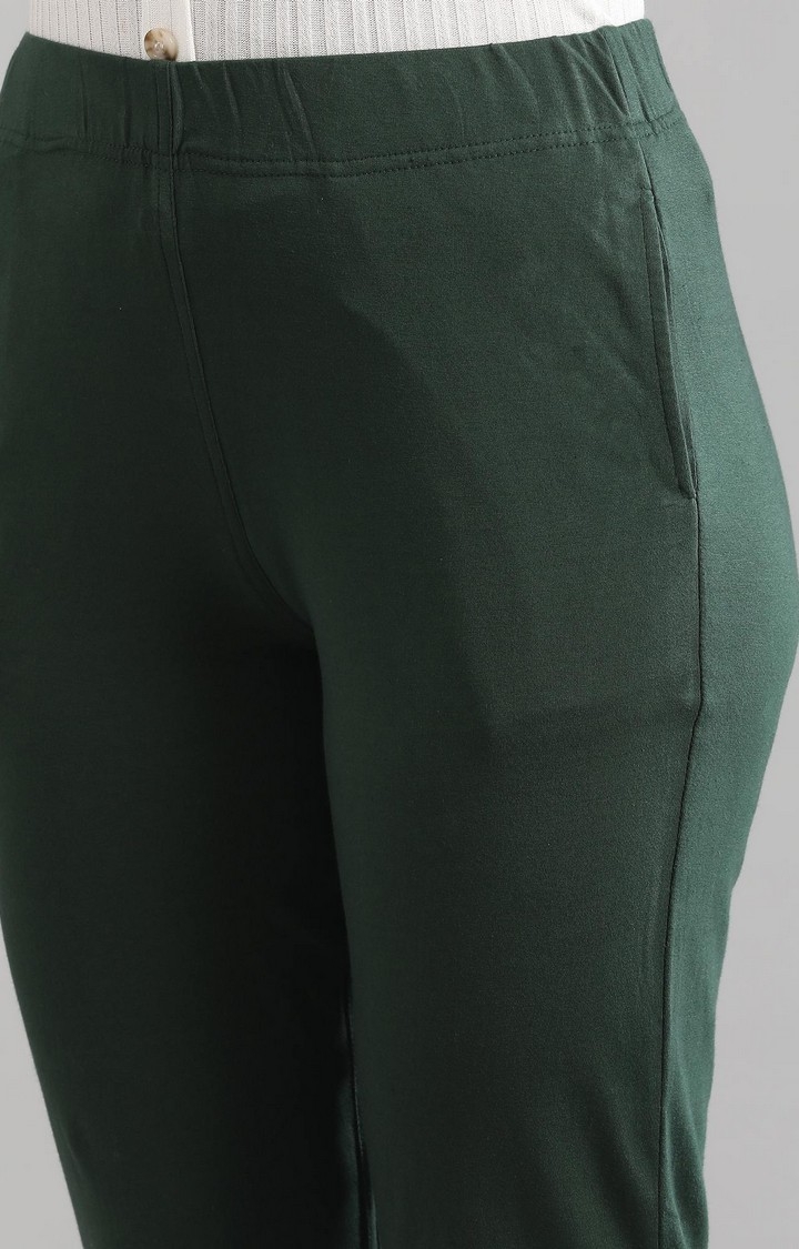 Aurelia | Women's Green Cotton Blend Solid Casual Pants 5