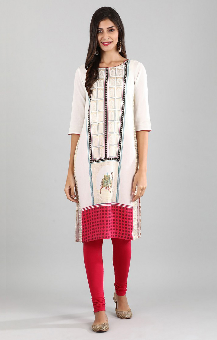 Women s White Cotton Blend Printed Kurtas