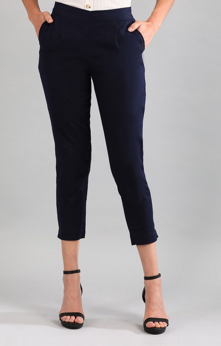 Aurelia | Women's Blue Cotton Blend Solid Trousers 0