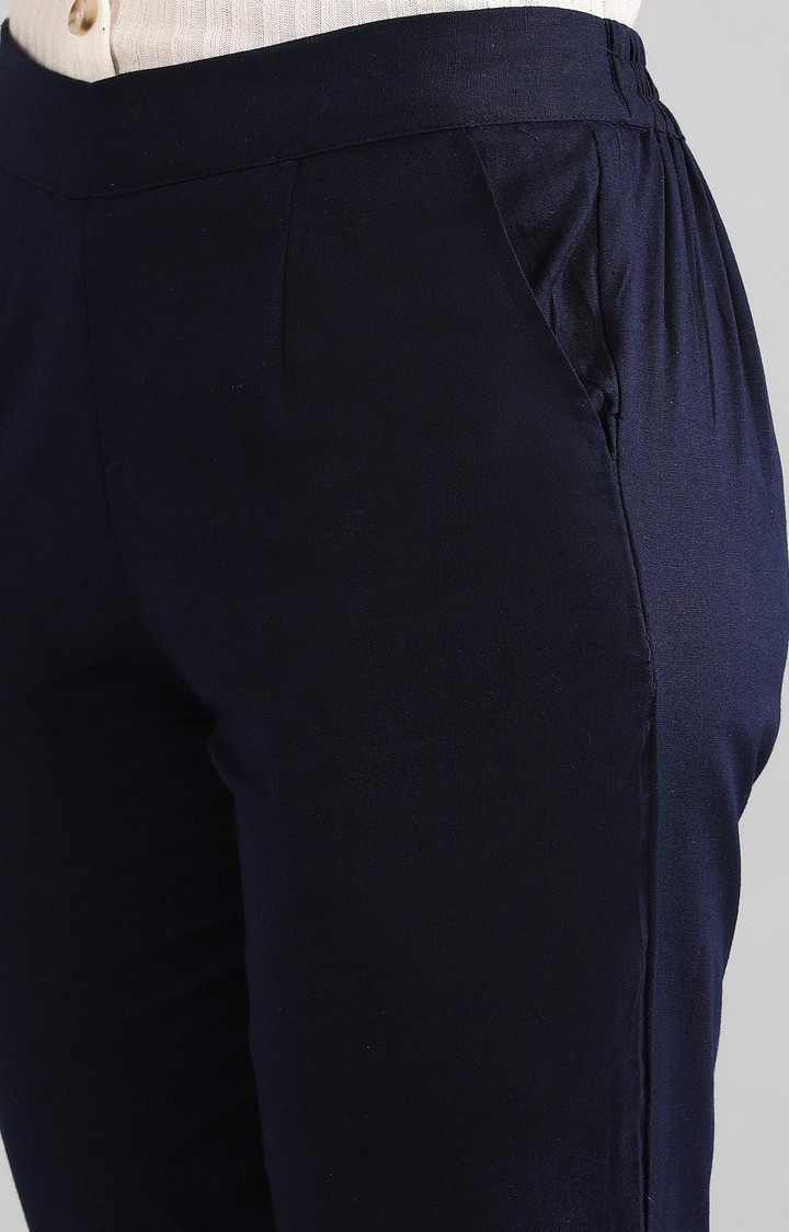 Aurelia | Women's Blue Cotton Blend Solid Trousers 5