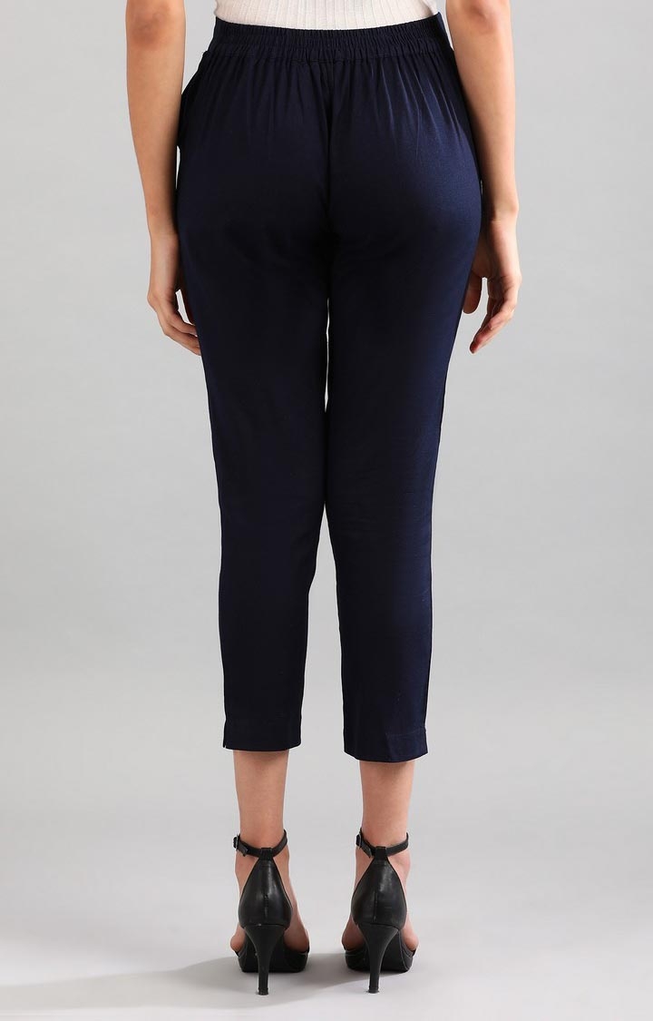 Women's Blue Cotton Blend Solid Trousers