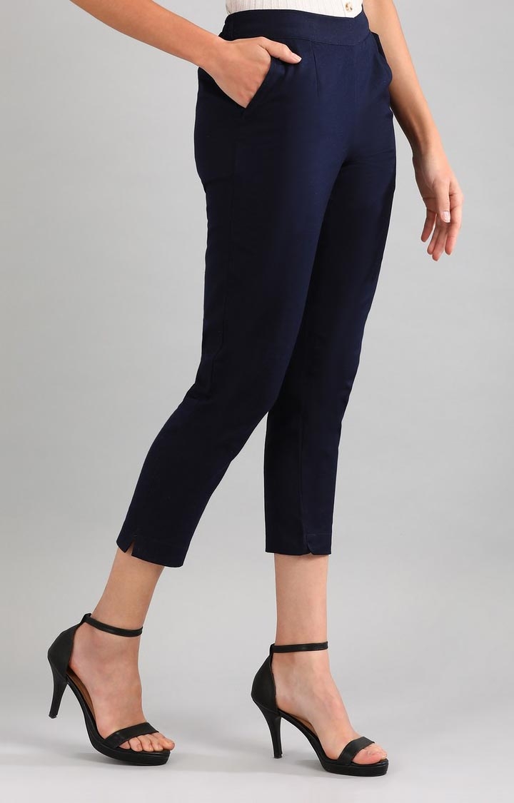 Aurelia | Women's Blue Cotton Blend Solid Trousers 3