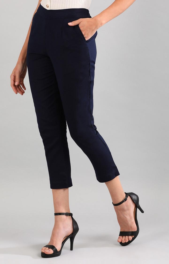 Aurelia | Women's Blue Cotton Blend Solid Trousers 2