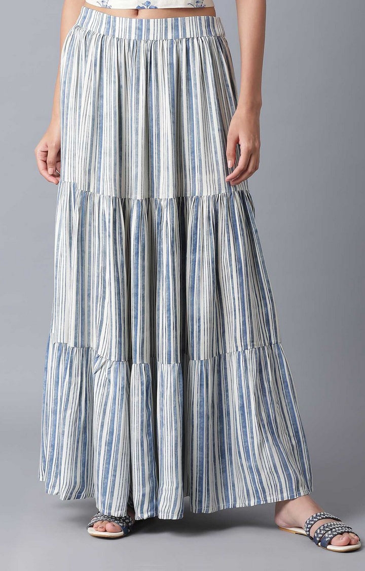 W | Women's Blue Viscose Striped Skirts 0