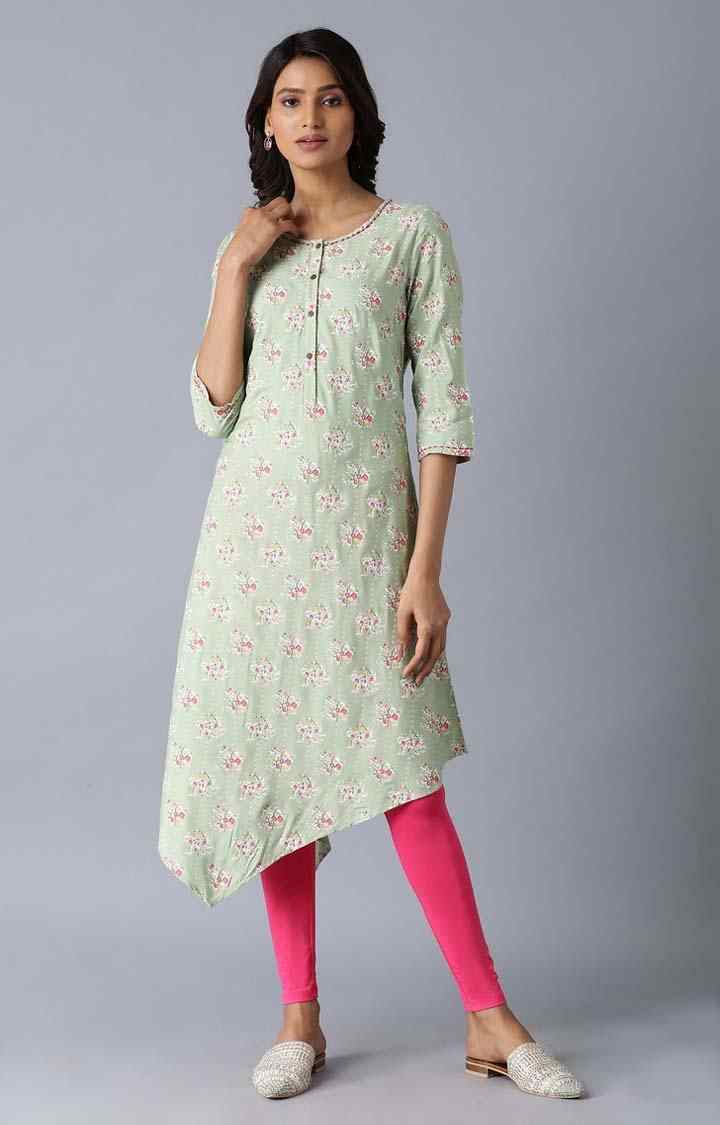 Light Sea Green Floral Block Printed Cotton Kurta