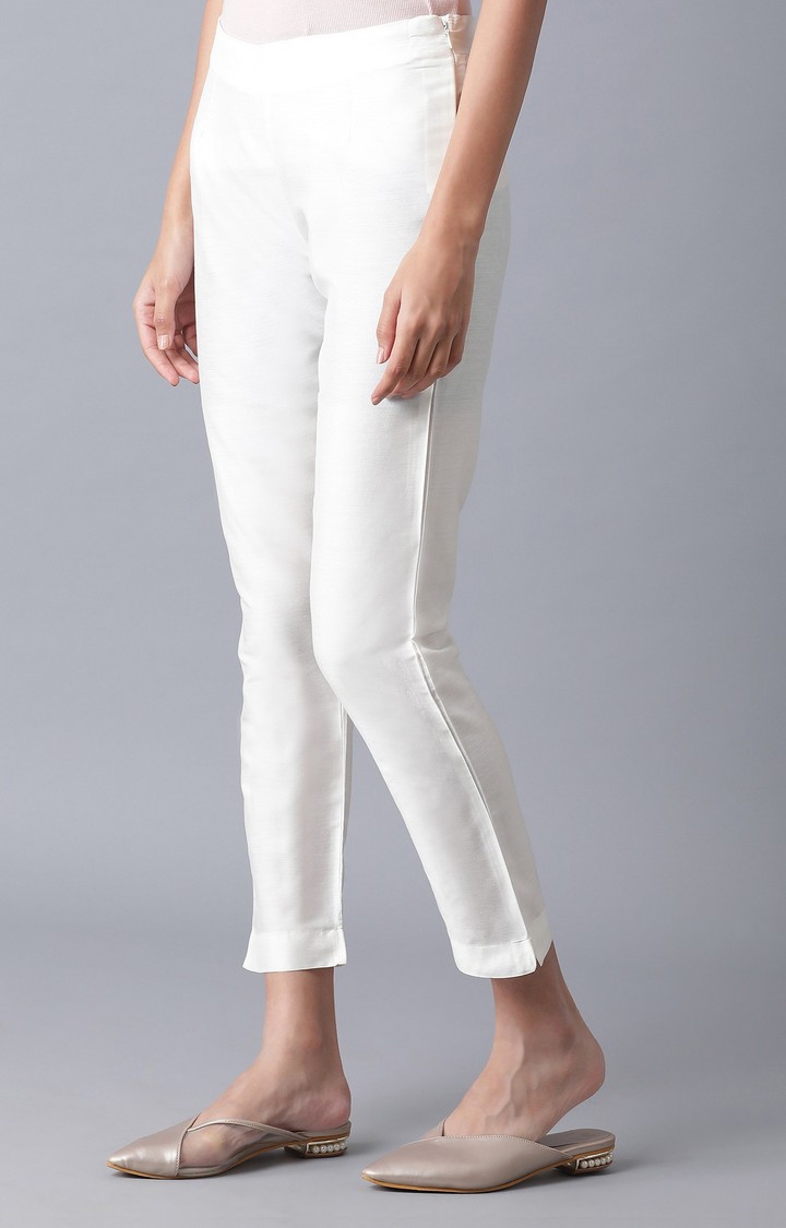 W | Women's White Viscose Solid Trousers 2