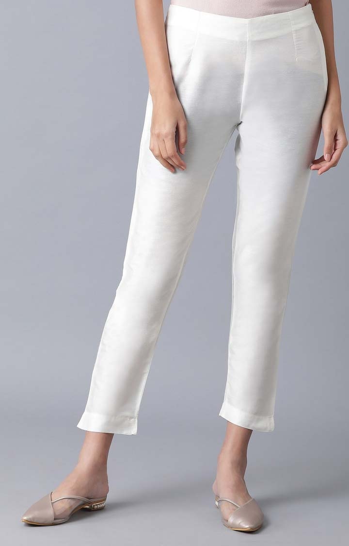 W | Women's White Viscose Solid Trousers 0