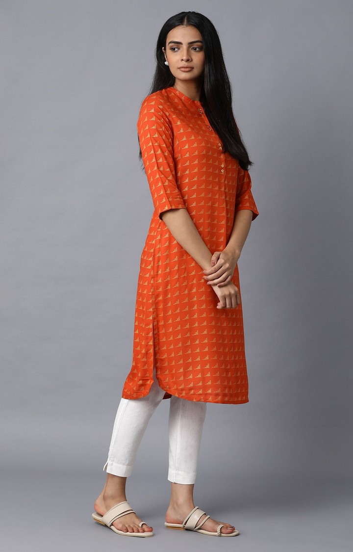 W | Women's Orange Viscose Geometrical Kurtas 2