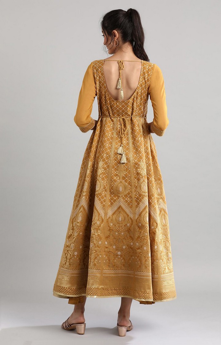 Golden Round Neck Printed Ethnic Gown