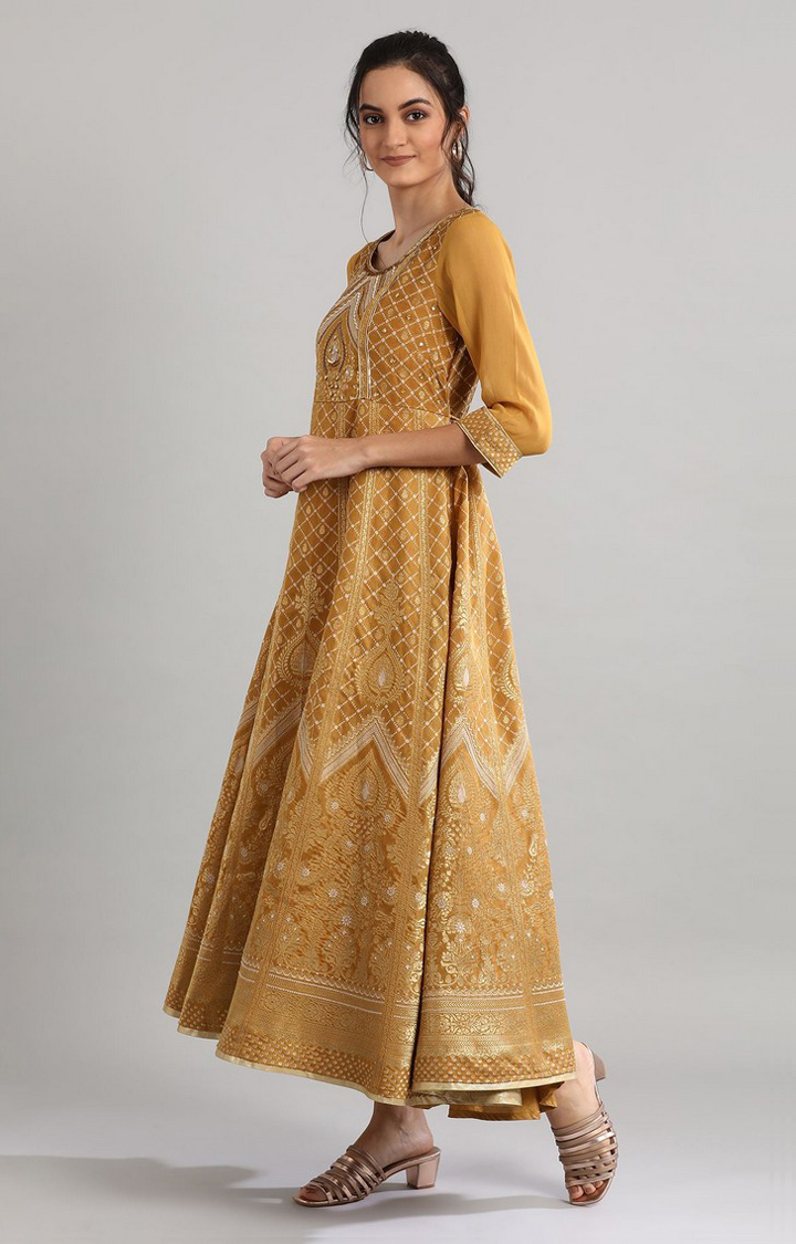 Golden Round Neck Printed Ethnic Gown