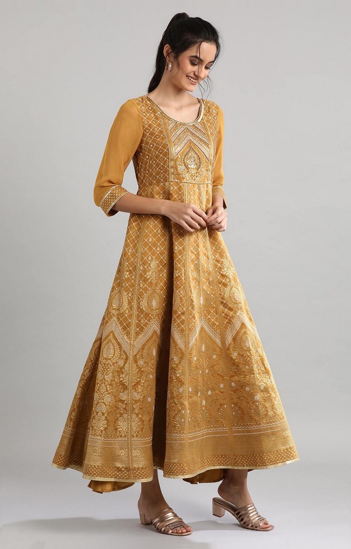 Golden Round Neck Printed Ethnic Gown