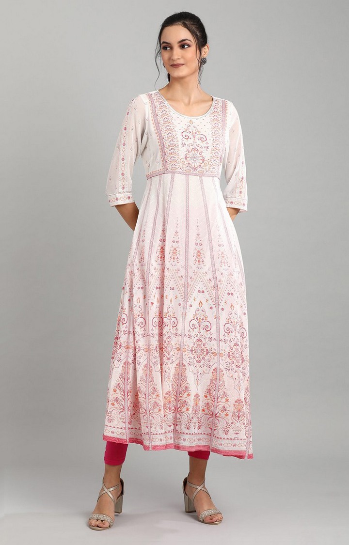Off White Round Neck Printed Ethnic Gown