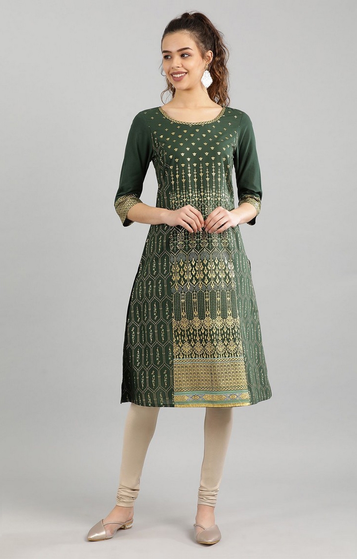 Aurelia | Women's Green Cotton Geometrical Kurtas 0