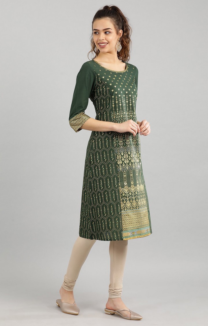 Aurelia | Women's Green Cotton Geometrical Kurtas 2