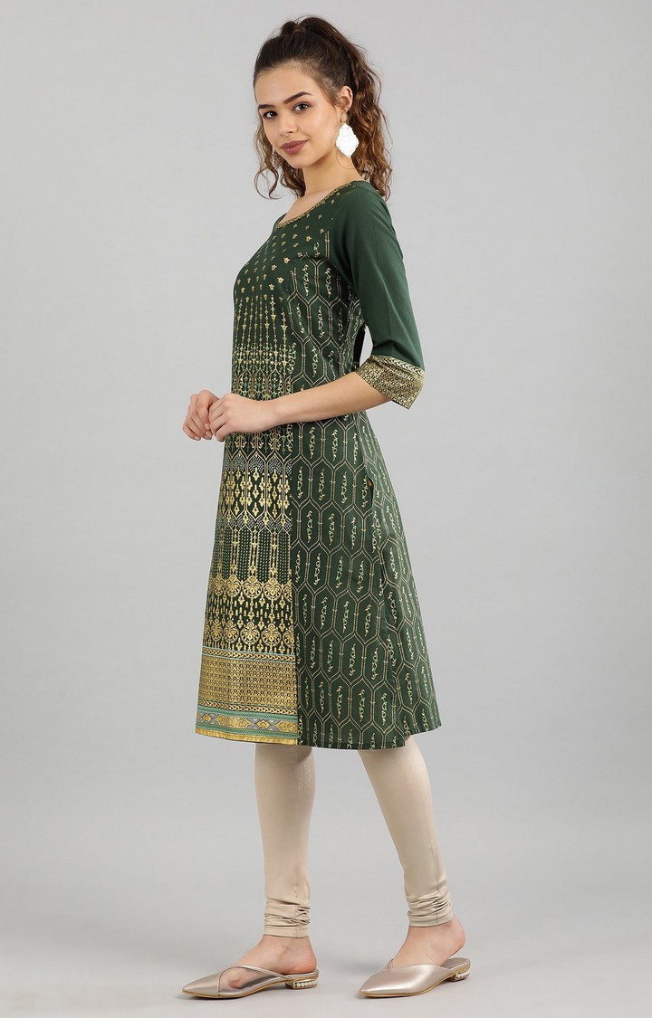 Aurelia | Women's Green Cotton Geometrical Kurtas 1