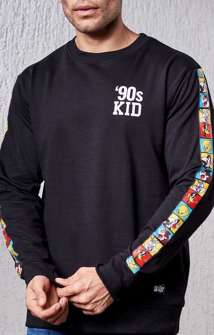 Men's Looney Tunes: 90's Kid Black Printed Sweatshirts