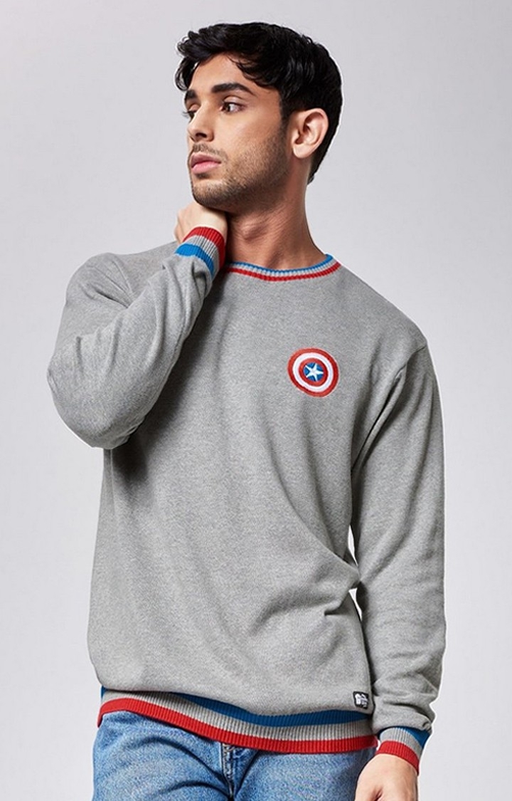 The Souled Store | Men's Captain America: Logo Grey Melange Textured Sweaters