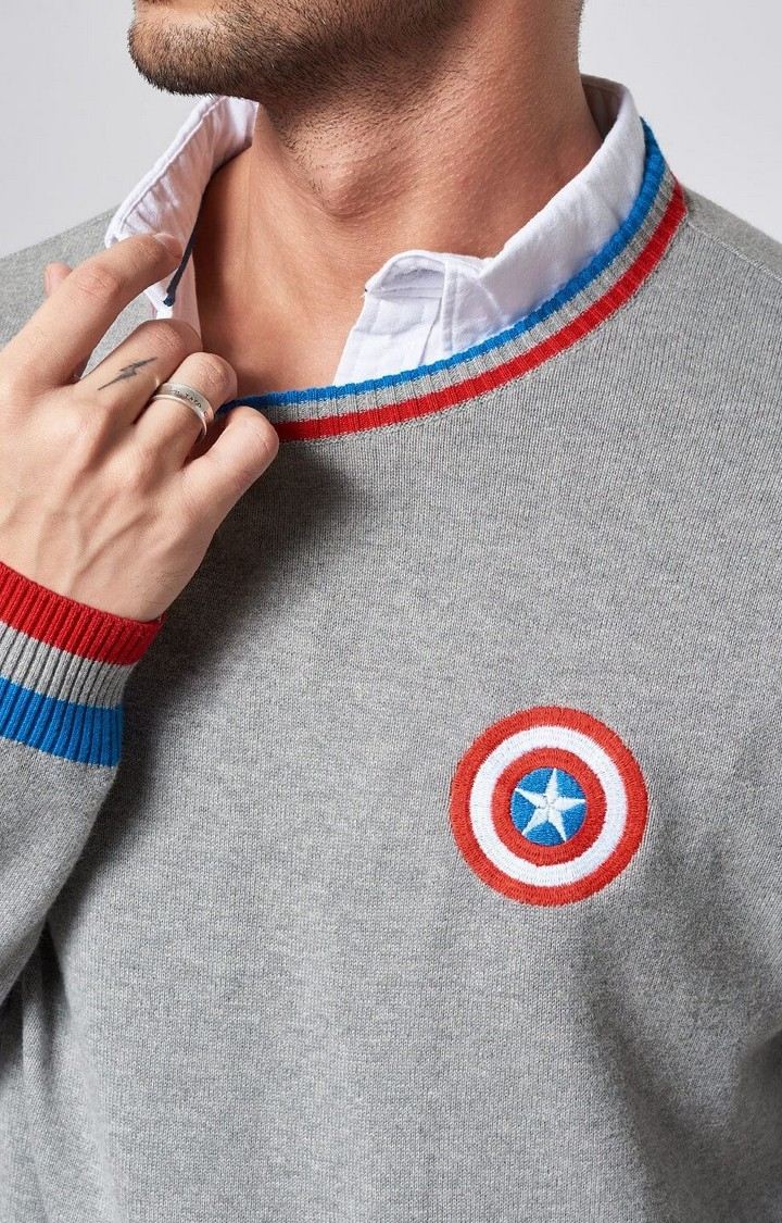 Men's Captain America: Logo Grey Melange Textured Sweaters