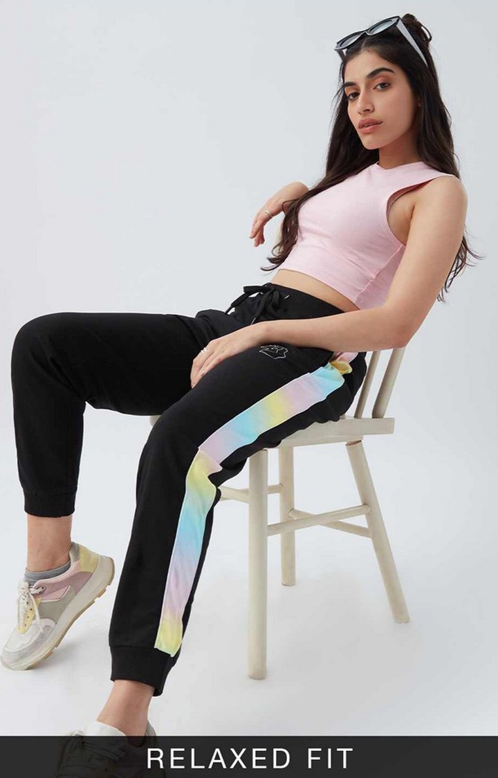Women's Black Polycotton Printed Activewear Joggers