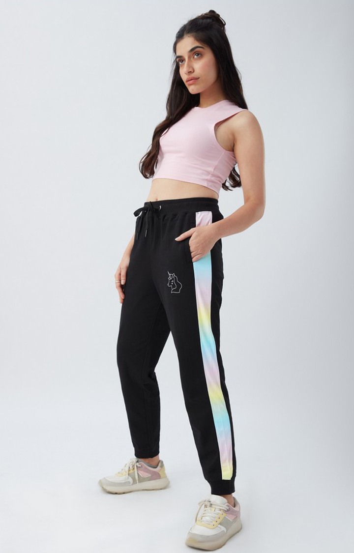 Women's Black Polycotton Printed Activewear Joggers