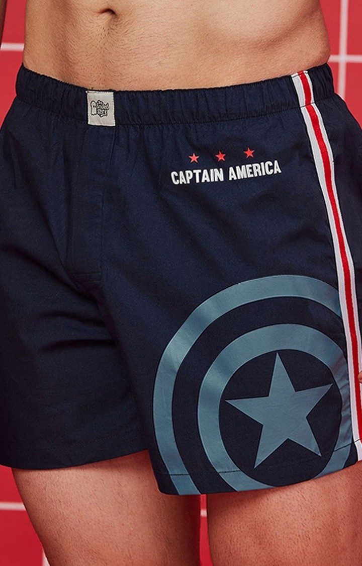 Men's Captain America Guardian of Freedom Navy Blue Cotton Printed Shorts