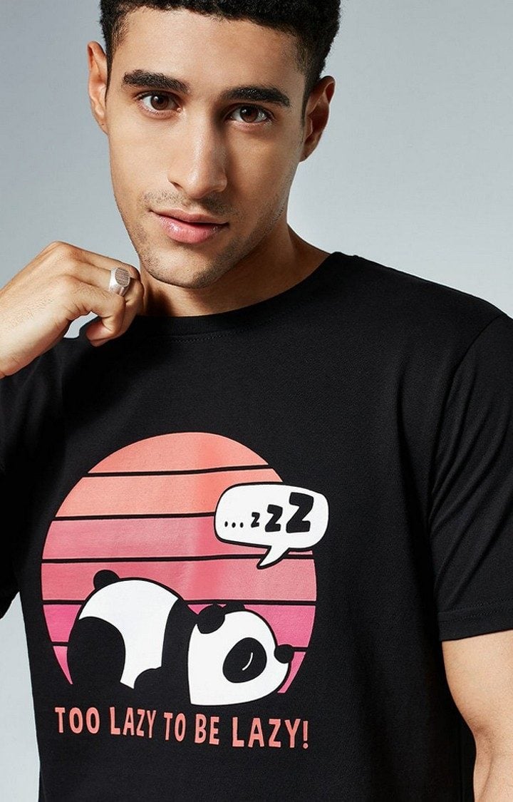 Men's Too Lazy Black Printed Regular T-Shirt