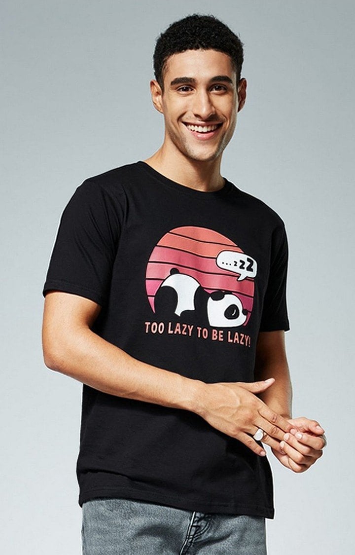 Men's Too Lazy Black Printed Regular T-Shirt