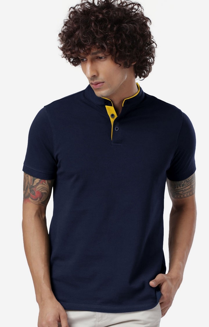 Men's Solids Mandarin Polo: Navy Blue Mandarin Polo T-Shirt