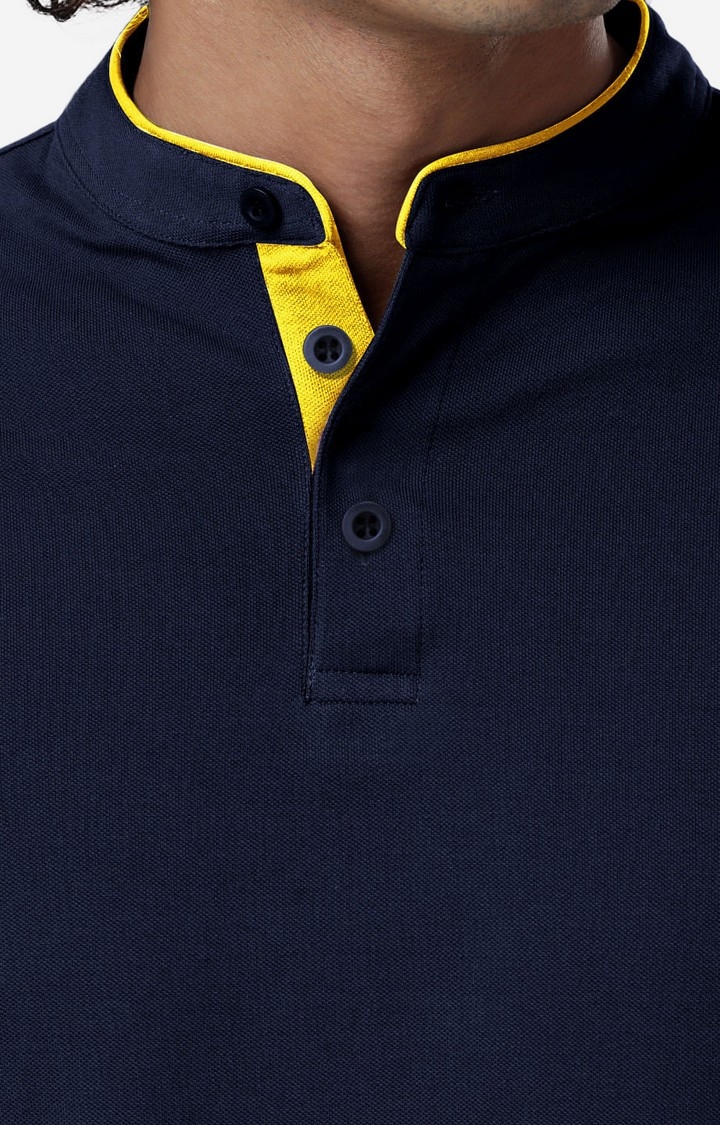 Men's Solids Mandarin Polo: Navy Blue Mandarin Polo T-Shirt