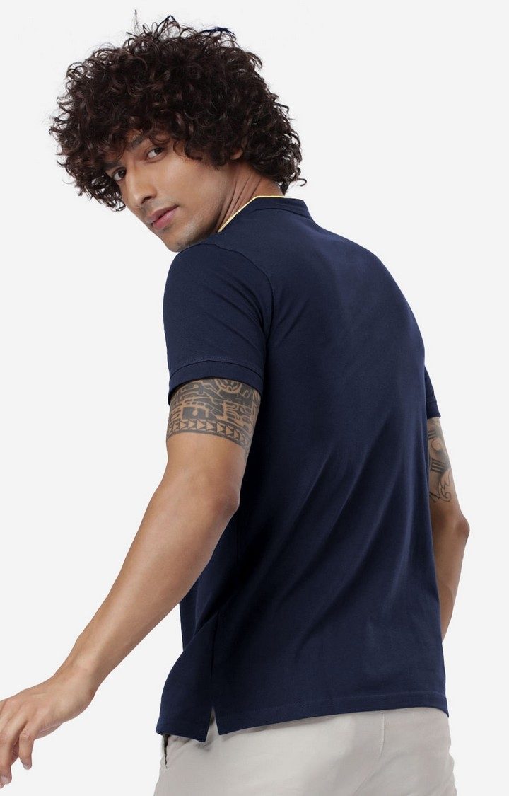 Men's Solids Mandarin Polo: Navy Blue Mandarin Polo T-Shirt