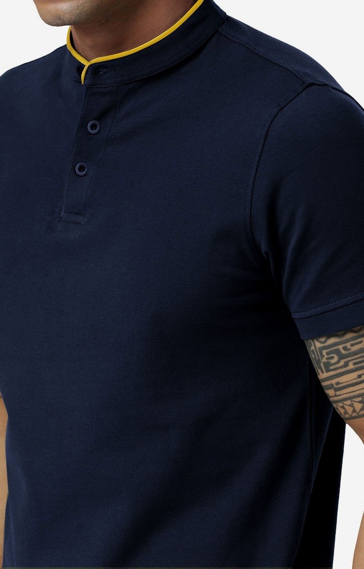 Men's Solids Mandarin Polo: Navy Blue Mandarin Polo T-Shirt