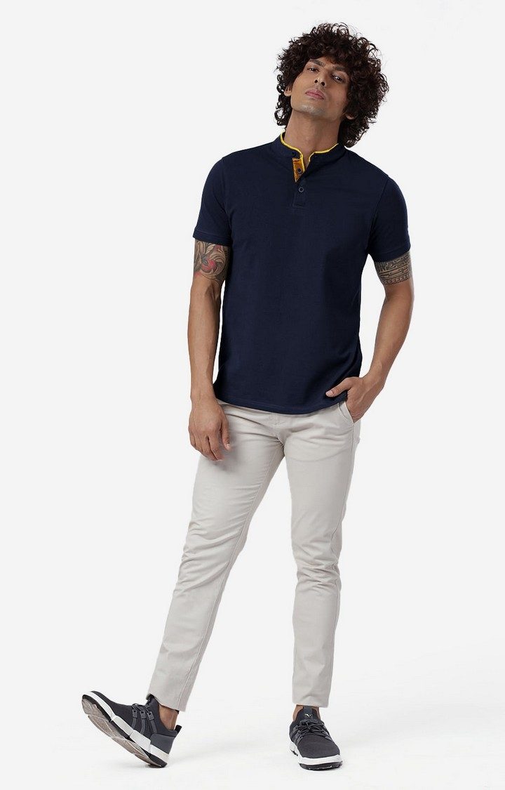 Men's Solids Mandarin Polo: Navy Blue Mandarin Polo T-Shirt