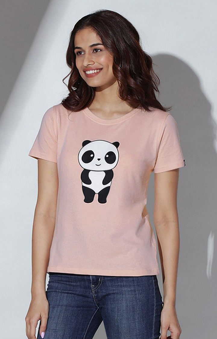 Women's Panda Pink Printed Regular T-Shirt