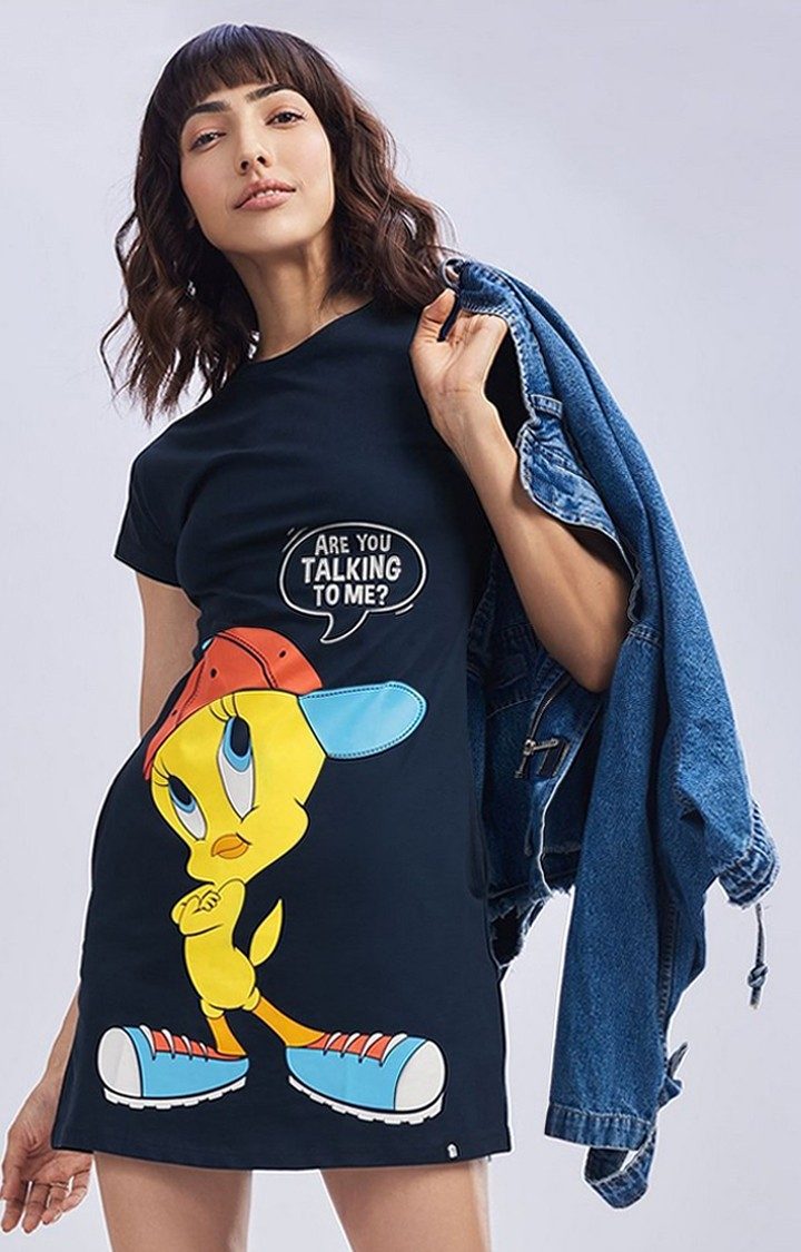 Women's Looney Tunes: Talking To Me Blue Printed Shift Dress